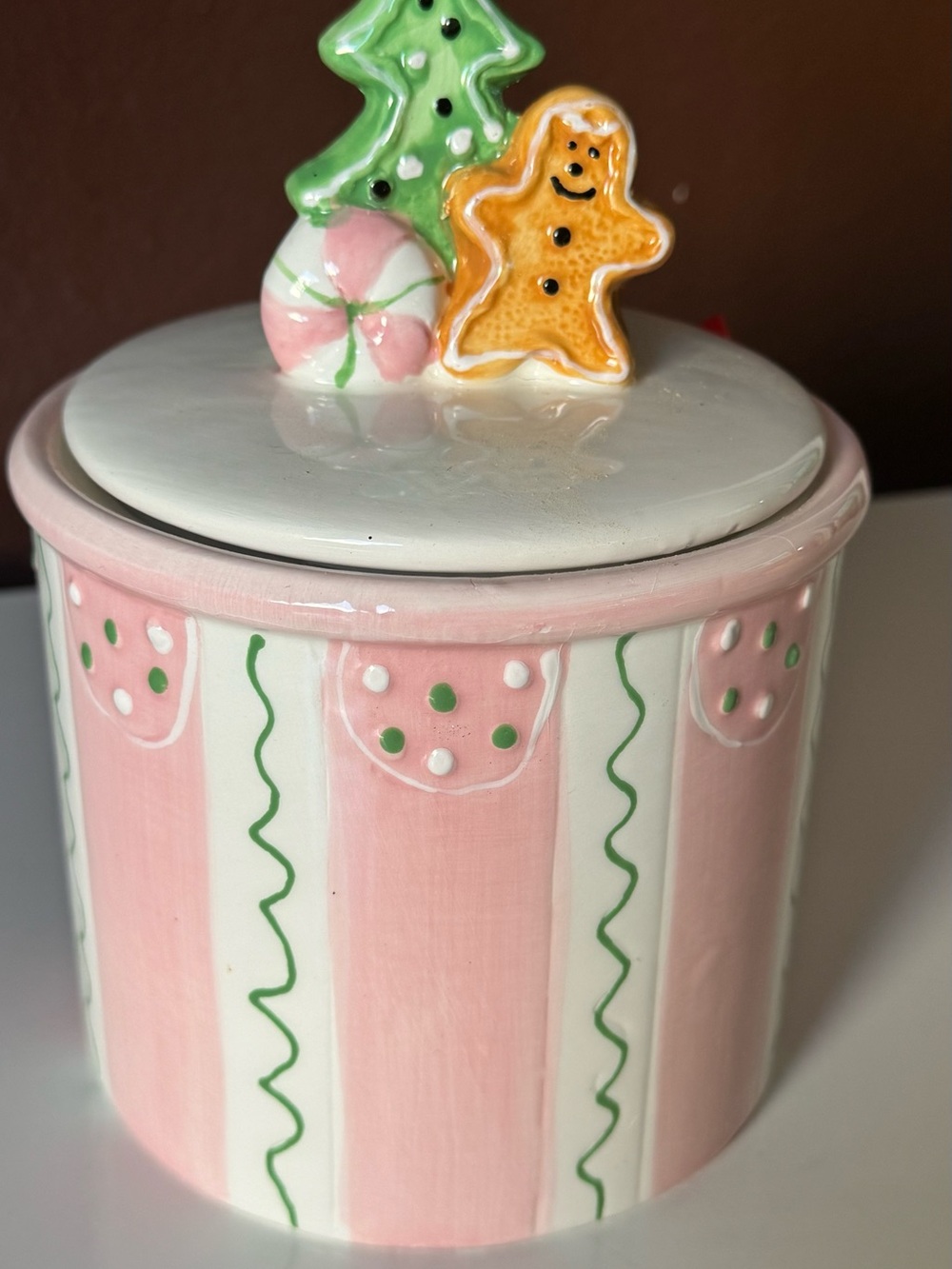 Pink & White Striped Holiday Cookie Jar with Festive Lid